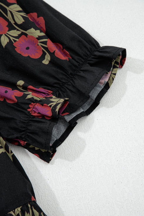 Bohemian All Over Floral Print Bubble Sleeve Tiered Dress