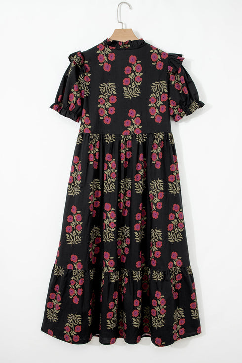 Bohemian All Over Floral Print Bubble Sleeve Tiered Dress