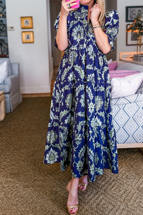 Bohemian All Over Floral Print Frilled Collar Long Dress