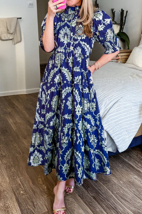 Bohemian All Over Floral Print Frilled Collar Long Dress