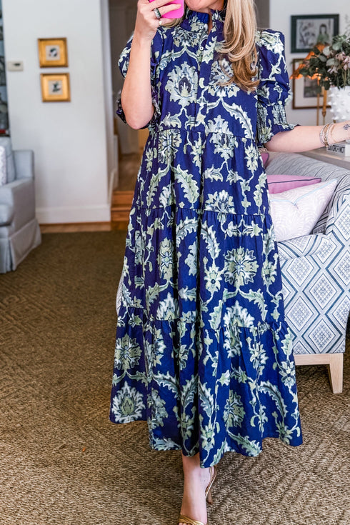 Bohemian All Over Floral Print Frilled Collar Long Dress