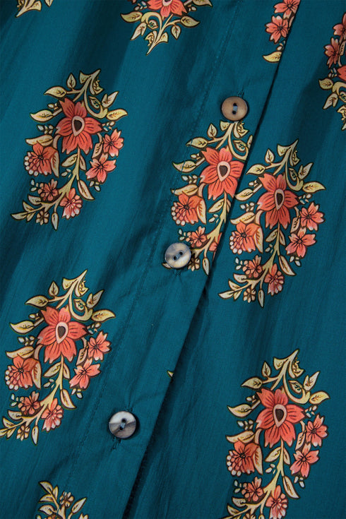 Bohemian All Over Floral Print Lacy Trim Pleated Blouse