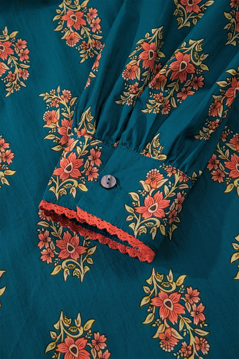 Bohemian All Over Floral Print Lacy Trim Pleated Blouse
