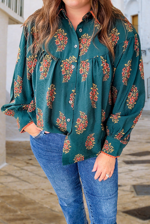 Bohemian All Over Floral Print Lacy Trim Pleated Blouse