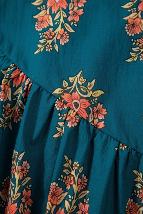 Bohemian All Over Floral Print Lacy Trim Pleated Blouse
