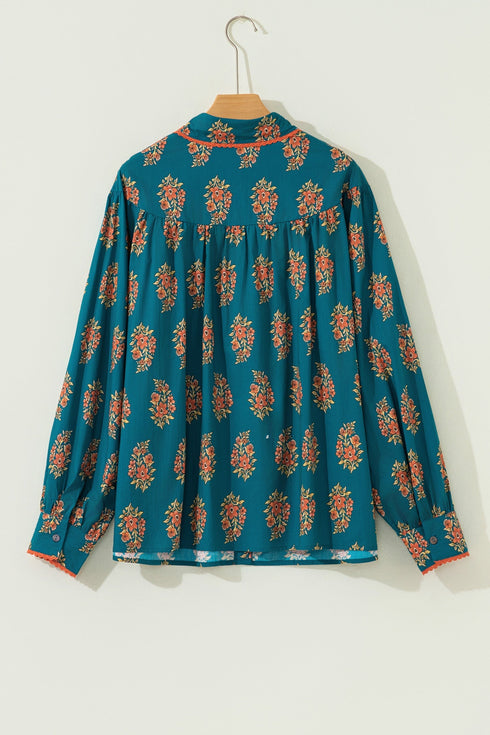 Bohemian All Over Floral Print Lacy Trim Pleated Blouse