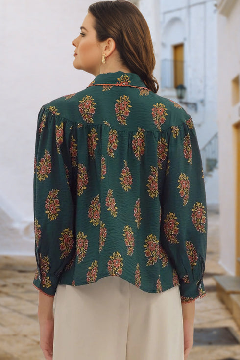 Bohemian All Over Floral Print Lacy Trim Pleated Blouse