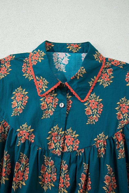 Bohemian All Over Floral Print Lacy Trim Pleated Blouse