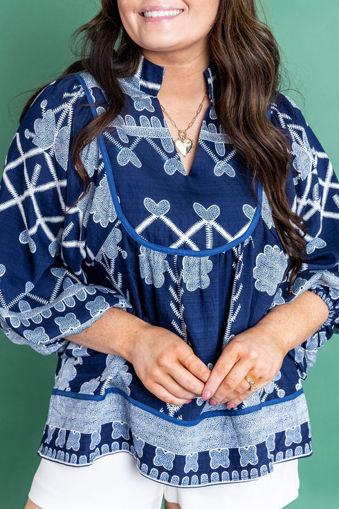 Bohemian All Over Floral Print Notched Neck Long Sleeve Blouse