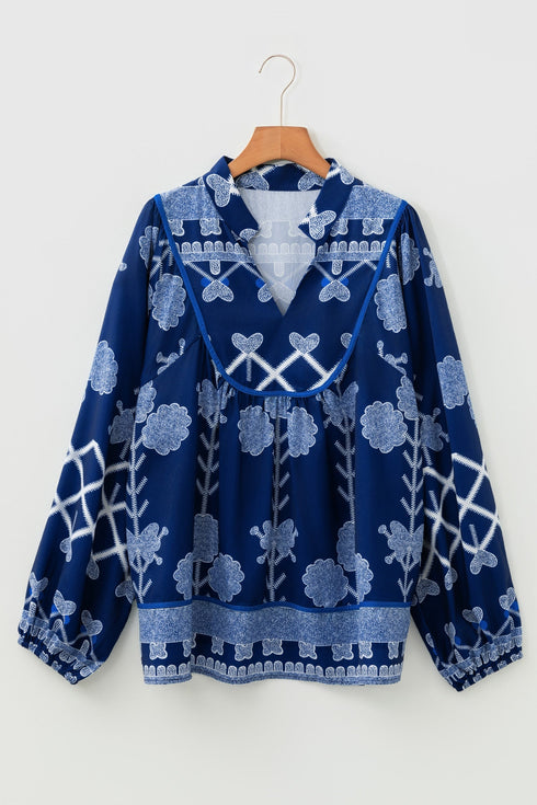 Bohemian All Over Floral Print Notched Neck Long Sleeve Blouse