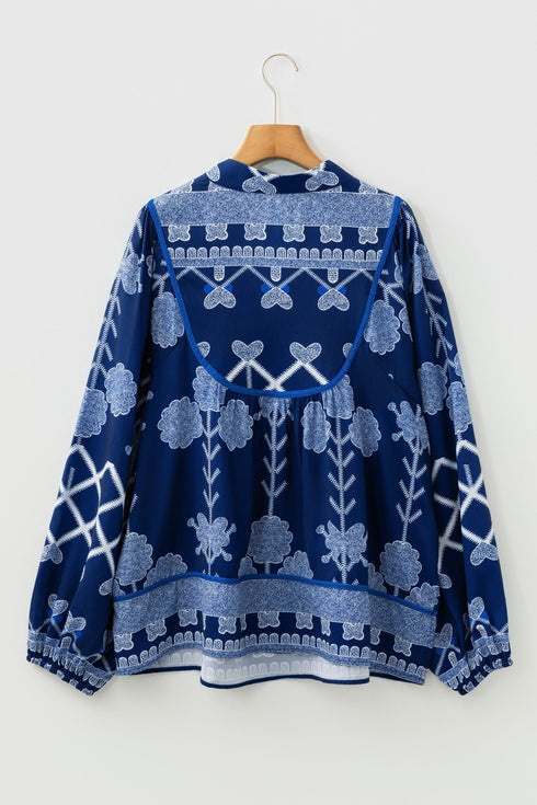 Bohemian All Over Floral Print Notched Neck Long Sleeve Blouse