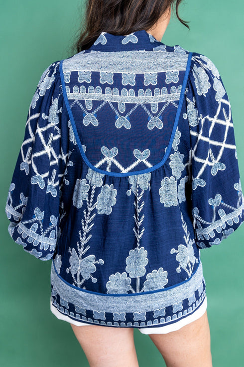 Bohemian All Over Floral Print Notched Neck Long Sleeve Blouse