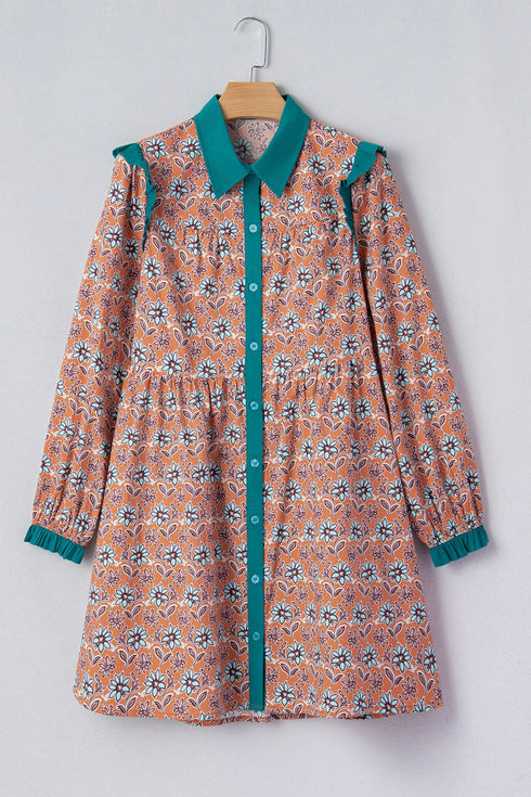 Bohemian All Over Print Collared Shirt Floral Dress