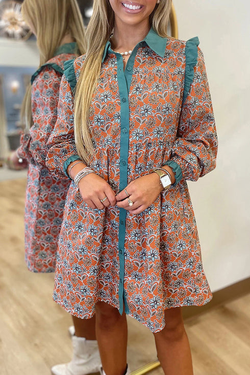 Bohemian All Over Print Collared Shirt Floral Dress