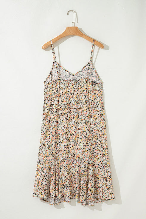 Bohemian All Over Print Tie Waist Flared Floral Dress