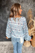 Bohemian Aztec Geometric Print Shirred Puff Sleeve V-Neck Blouse