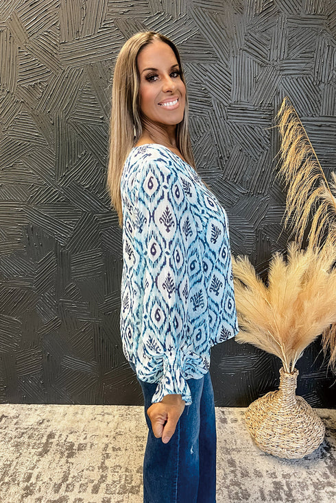 Bohemian Aztec Geometric Print Shirred Puff Sleeve V-Neck Blouse