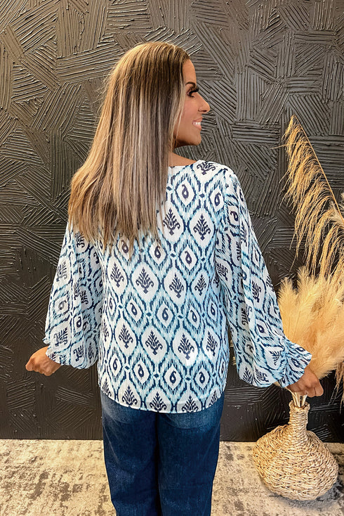 Bohemian Aztec Geometric Print Shirred Puff Sleeve V-Neck Blouse