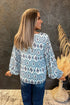 Bohemian Aztec Geometric Print Shirred Puff Sleeve V-Neck Blouse