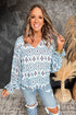 Bohemian Aztec Geometric Print Shirred Puff Sleeve V-Neck Blouse