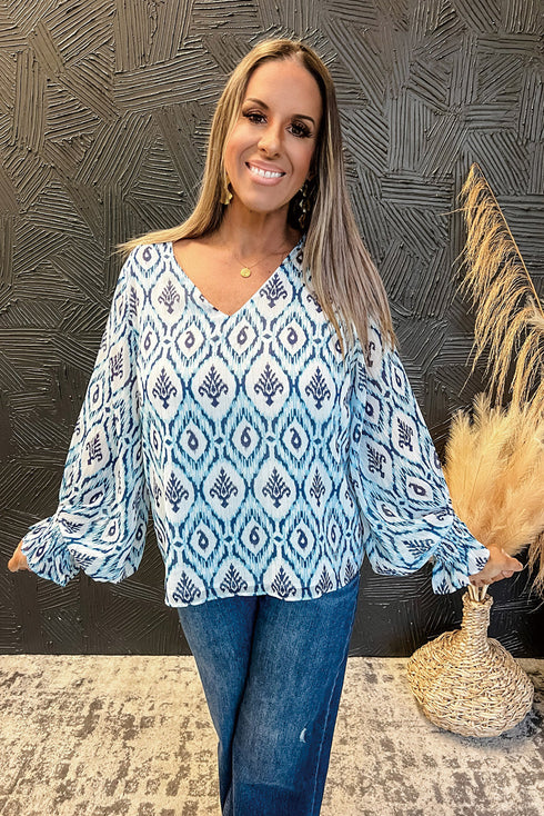 Bohemian Aztec Geometric Print Shirred Puff Sleeve V-Neck Blouse