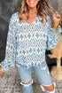 Bohemian Aztec Geometric Print Shirred Puff Sleeve V-Neck Blouse