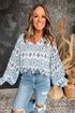 Bohemian Aztec Geometric Print Shirred Puff Sleeve V-Neck Blouse