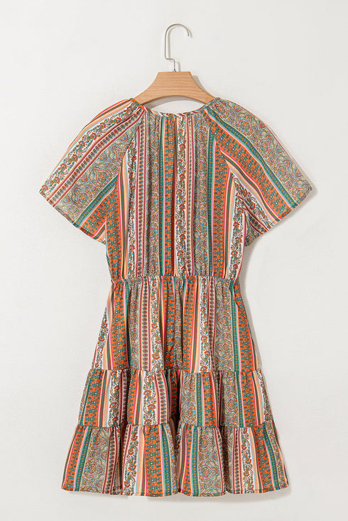 Bohemian Buttoned V Neck Ruffle Tiered Floral Dress