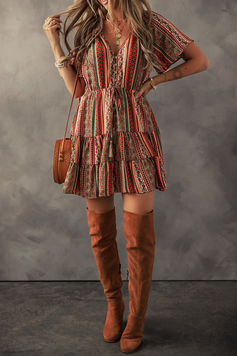 Bohemian Buttoned V Neck Ruffle Tiered Floral Dress