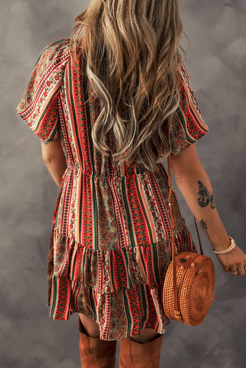 Bohemian Buttoned V Neck Ruffle Tiered Floral Dress