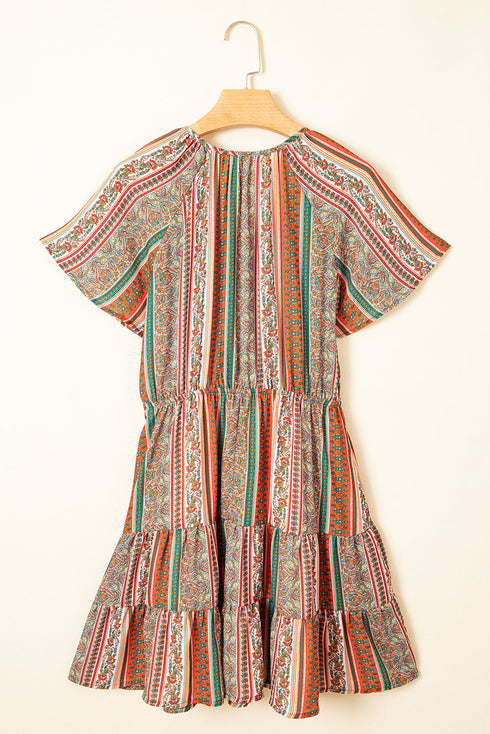 Bohemian Buttoned V Neck Ruffle Tiered Floral Dress