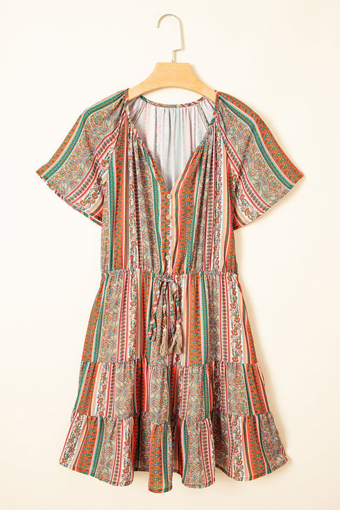 Bohemian Buttoned V Neck Ruffle Tiered Floral Dress