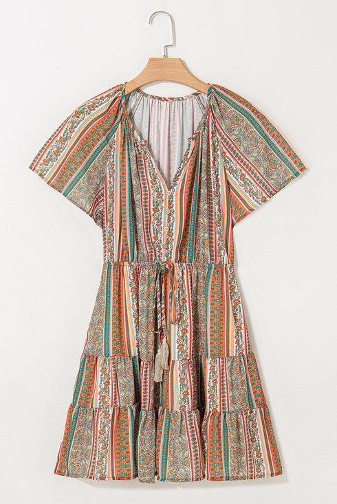 Bohemian Buttoned V Neck Ruffle Tiered Floral Dress