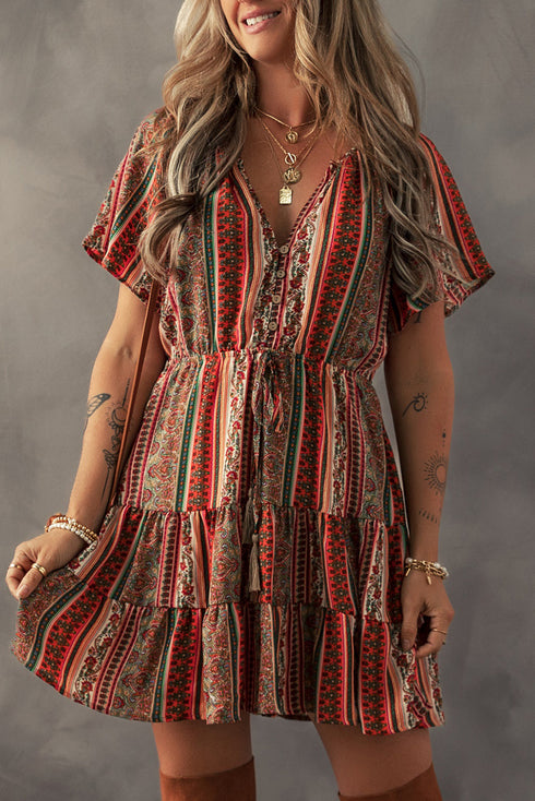 Bohemian Buttoned V Neck Ruffle Tiered Floral Dress