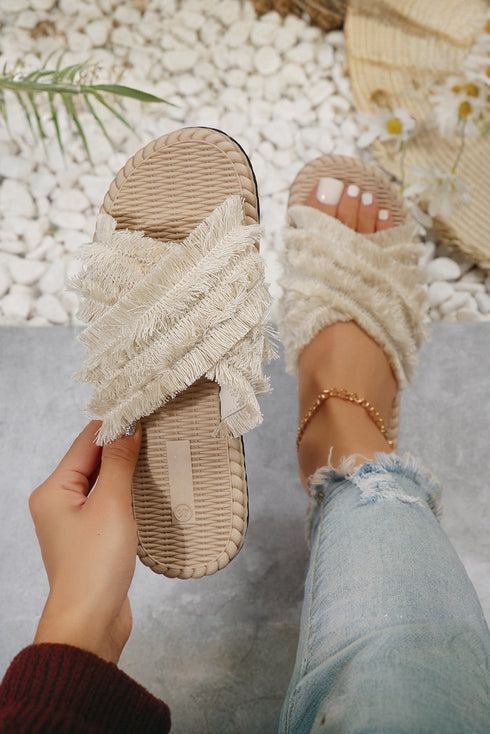 Bohemian Crochet Criss Cross Tassel Embellished Slides