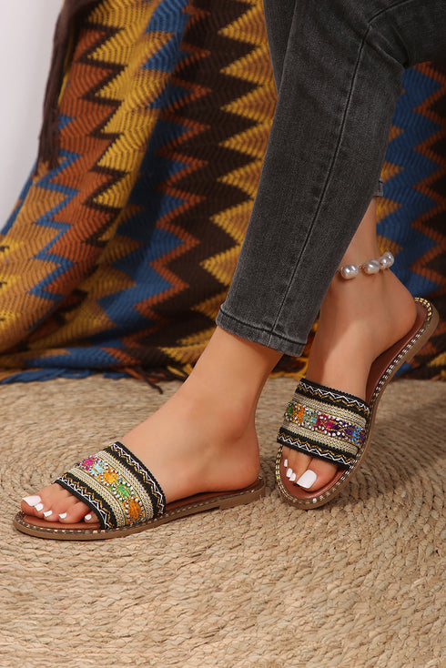 Bohemian Crochet Knit Faux Leather Open Toe Slides