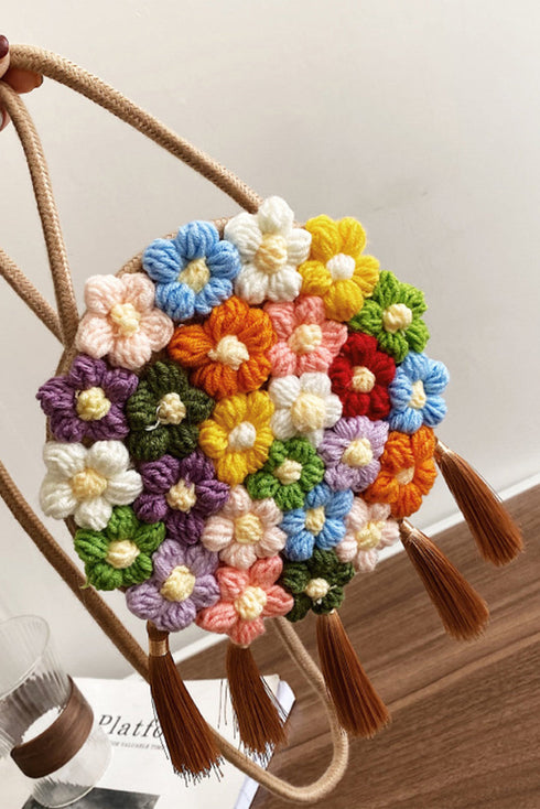 Bohemian Crochet Knit Flower Design Tasseled Shoulder Bag