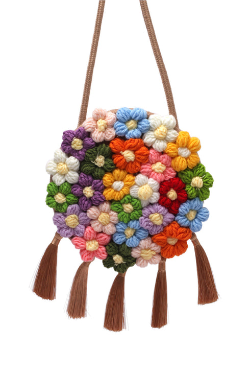 Bohemian Crochet Knit Flower Design Tasseled Shoulder Bag