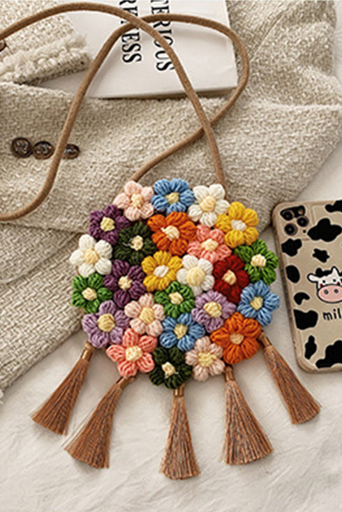 Bohemian Crochet Knit Flower Design Tasseled Shoulder Bag