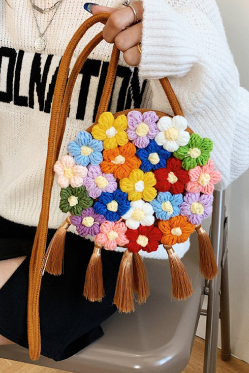 Bohemian Crochet Knit Flower Design Tasseled Shoulder Bag