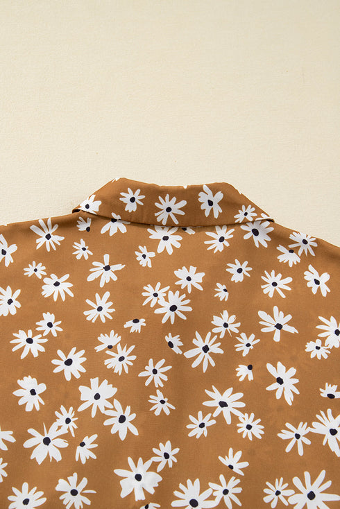 Bohemian Daisy Floral Print Split Neck Puff Sleeve Mini Dress
