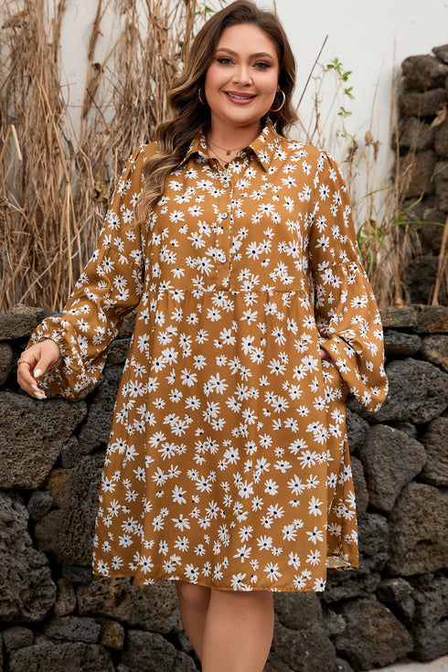 Bohemian Daisy Floral Print Split Neck Puff Sleeve Mini Dress