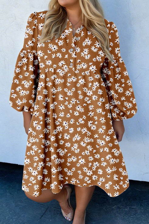 Bohemian Daisy Floral Print Split Neck Puff Sleeve Mini Dress