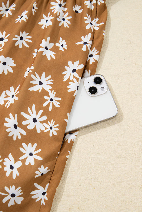 Bohemian Daisy Floral Print Split Neck Puff Sleeve Mini Dress