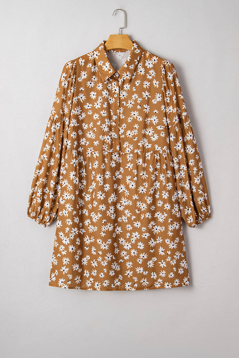 Bohemian Daisy Floral Print Split Neck Puff Sleeve Mini Dress