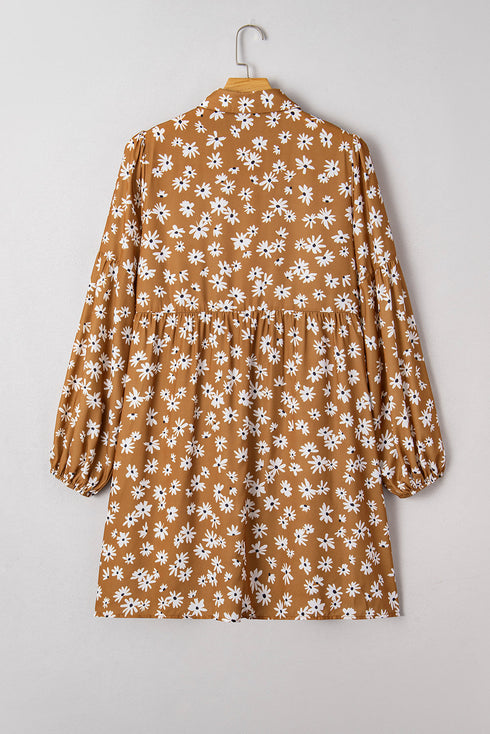 Bohemian Daisy Floral Print Split Neck Puff Sleeve Mini Dress
