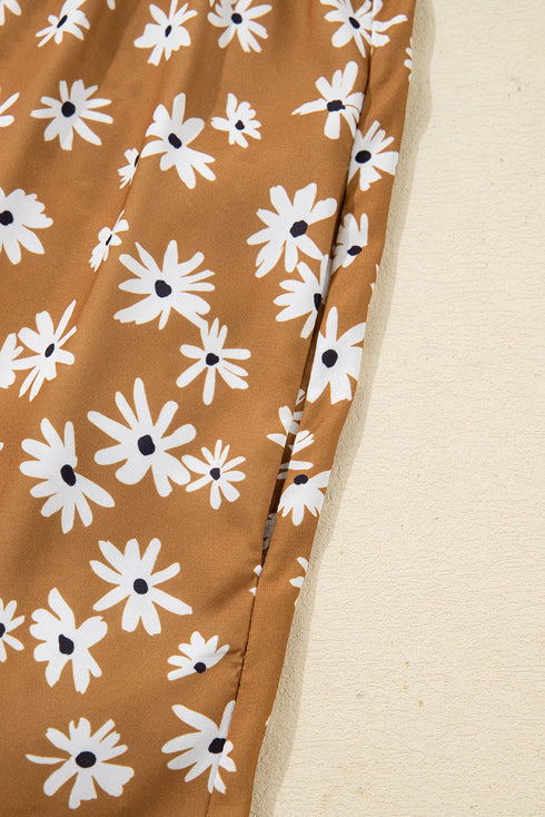 Bohemian Daisy Floral Print Split Neck Puff Sleeve Mini Dress