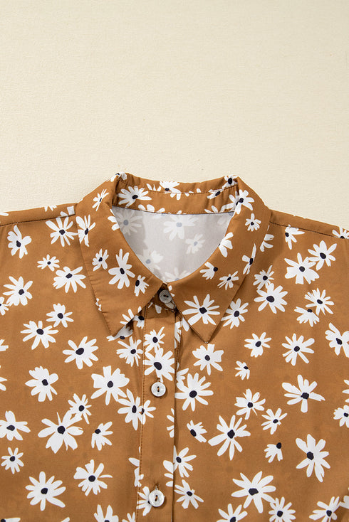Bohemian Daisy Floral Print Split Neck Puff Sleeve Mini Dress