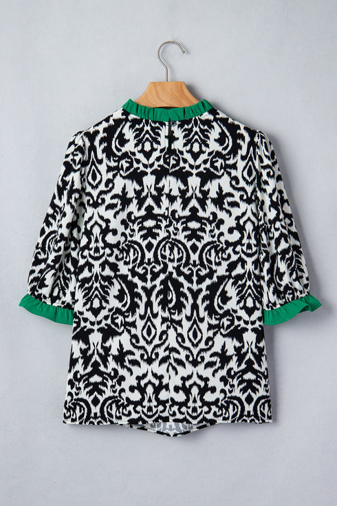 Bohemian Damask Print Ruffled Contrast Trim Half Sleeve Blouse
