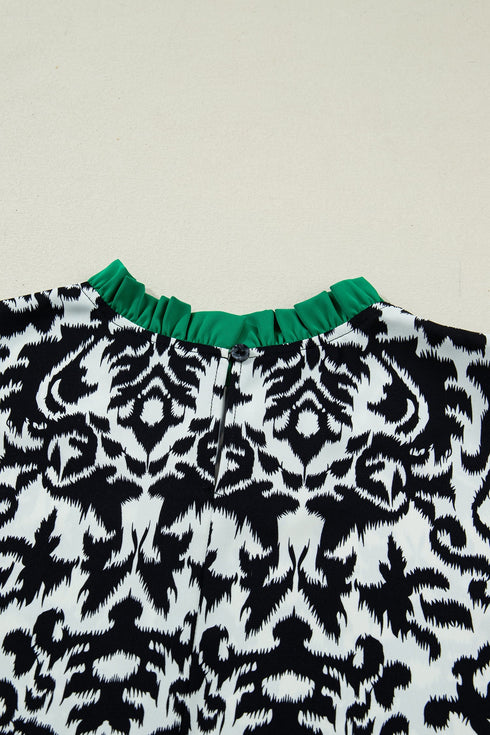 Bohemian Damask Print Ruffled Contrast Trim Half Sleeve Blouse